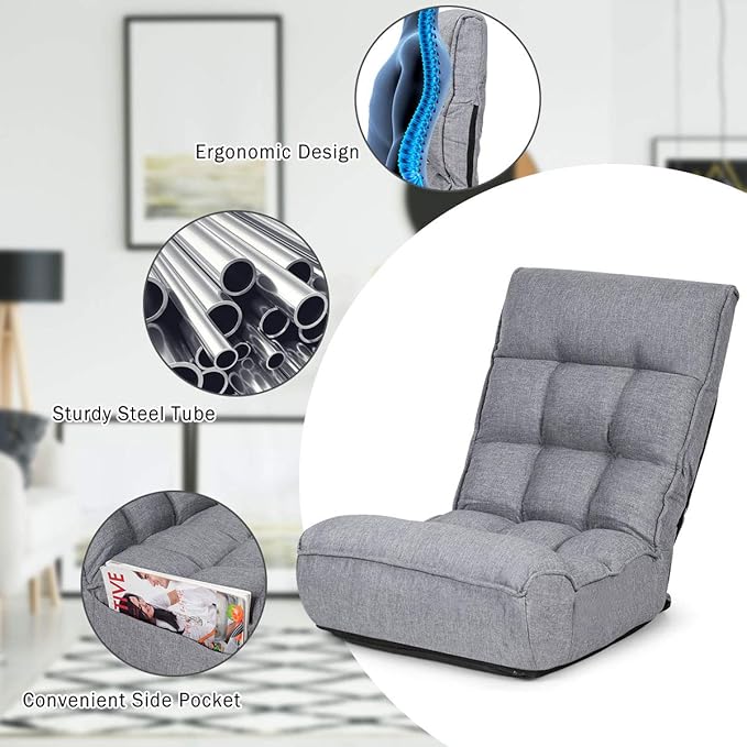 ARLIME 4-Position Adjustable Floor Chair, Armless Gaming Chair w/Back Support & Soft Cushion, Memory Foam Floor Lazy Sofa for Gaming, Reading, Meditating (Gray)