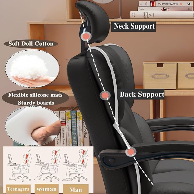 Office Chair Big and Tall Executive Desk Chair with Leg Rest, Adjustable Height Computer Gaming Chair with Headrest for Home Office, Black