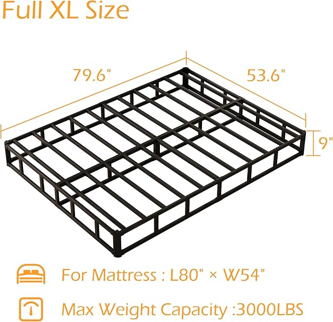 Maenizi 9 Inch Full XL Box Spring, Heavy Duty Metal Box Spring Bed Base with Fabric Cover, Mattress Foundation, Easy Assembly, Noise Free, Black