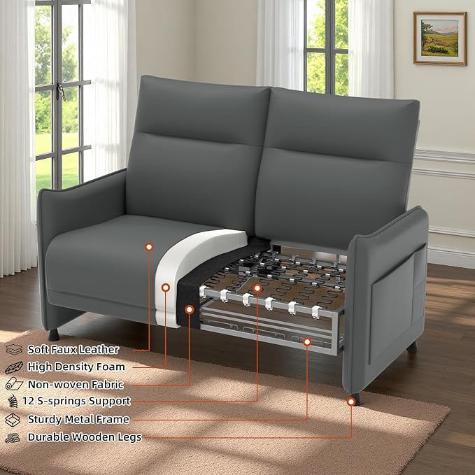 Faux Leather Loveseat, Upholstered Loveseat with Hidden Foldable Tray & Side Pocket, Front Contour Arm Design, Modern 2-Seater Sofa Couch for Compact Spaces, Gray
