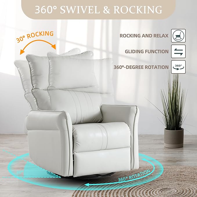QKFF Swivel Rocker Recliner Chair, Upholstered 360° Fabric Leather Glider Rocker Chair for Nursery, Manual Small Recliners for Small Spaces Living Room Weight Capacity 300lbs