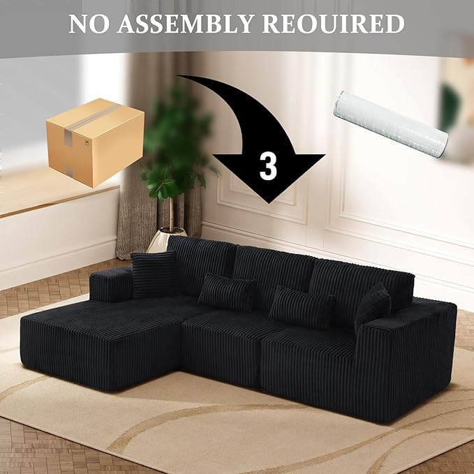 HYJT-H&K Modular Sectional Sofa Cloud Sectional Couch, 107" Comfy Fluffy L Shaped Dark Black Couches for Living Room, Deep Seat Memory Foam Plush Corduroy Boneless Couch Sectionals Left Facing Chaise