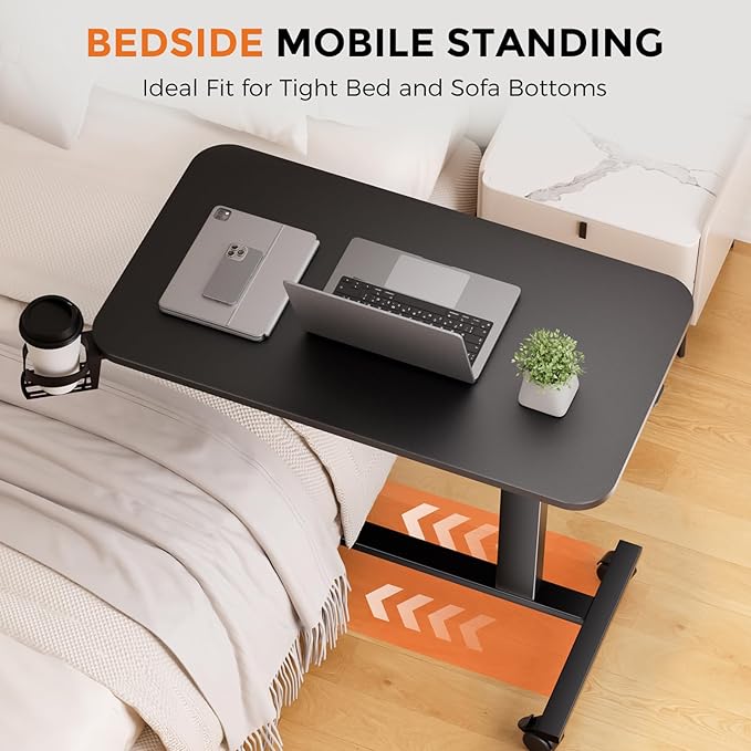 COMHOMA Adjustable Overbed Bedside Table with Lockable Wheels, Pneumatic Mobile Standing Laptop Desk, Small Standing Desk Portable Rolling Overbed Table Hospital Home Use(32" W x 18" D, Black)