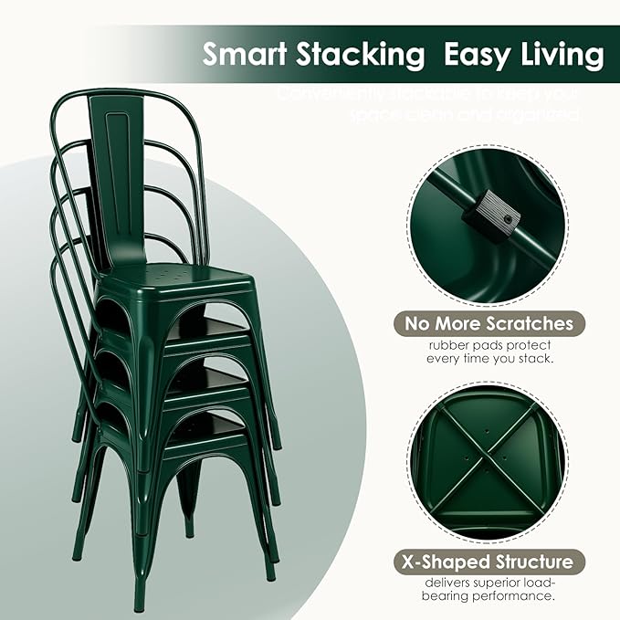 Metal Dining Chairs Set of 4,Stackable Tolix Chair Indoor/Outdoor for Kitchen,Cafe,Restaurant,Bistro & Patio Multiple Colors(Dark Green)