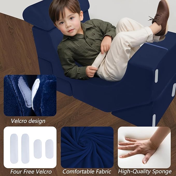 MeMoreCool Modular Kids Sofa, Foam Couch Sofa with Slide & Stair Design, Convertible Kids Couch for Playroom, Sectional Child Furniture for Bedroom Living Room, Navy