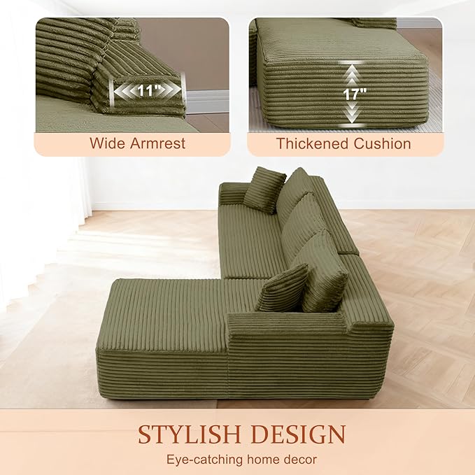 HYJT-H&K Modular Sectional Sofa Cloud Sectional Couch, 95" Comfy Fluffy L Shaped Green Couches for Living Room, Deep Seat Memory Foam Plush Corduroy Boneless Couch Sectionals Right Facing Chaise Sofa