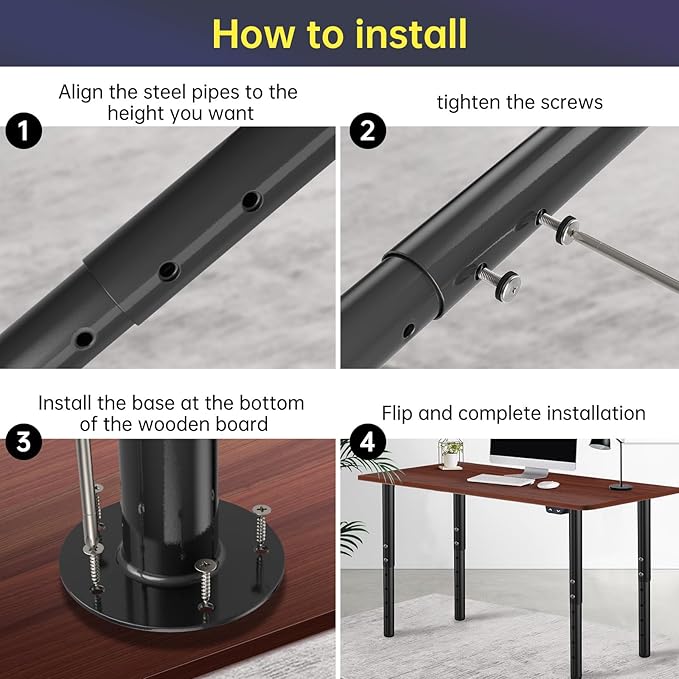 KOMOHOM Adjustable Metal Table Leg 32~51 Inch, Adjustable Furniture Leg Set, Home Office DIY Metal Desk Legs, for Computer Desk Dining Table Office Desk (2, Black)