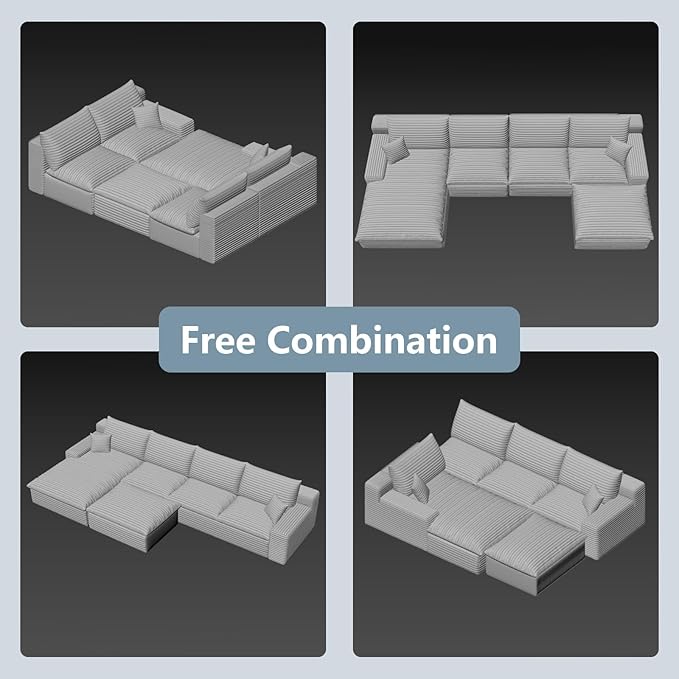 136" Cloud Sectional Couch with U-Shaped Chaise,Corduroy Viral Boneless Sofa with Ottoman,Memory Foam Couches in a Box with Deep Seat for Living Room,No Assembly Required (Black,Left-Facing Chaise)
