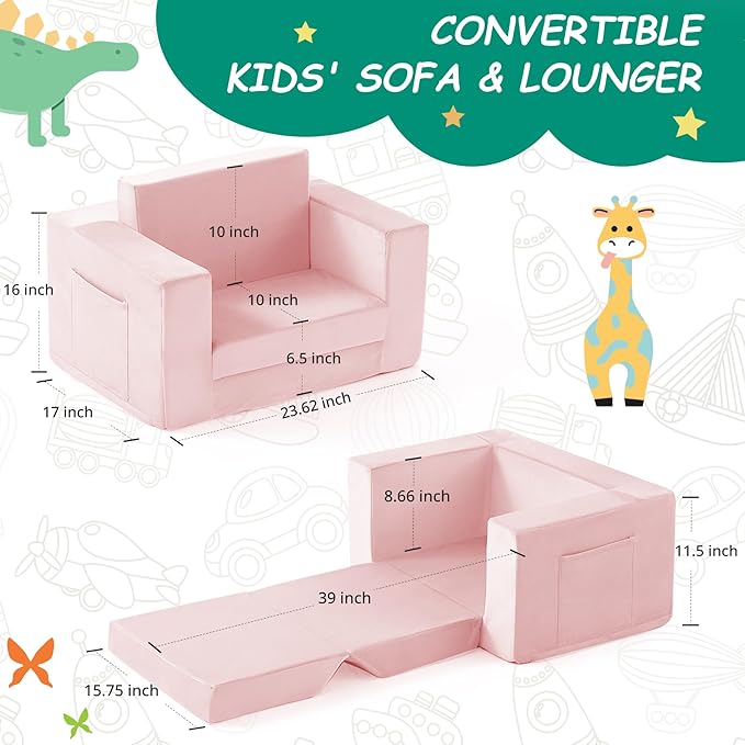 Kids Couch, 2-in-1 Toddler Chair Comfy 1-3 Years, Convertible Kids Chair, Toddler Couch That Fold Out, Kid Lounge Chairs for Boys and Girls, Soft Coral Fleece, Single, Pink