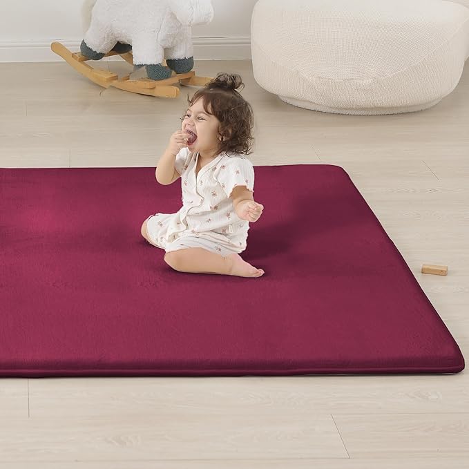 PAPAMAT 1.3" Thick Baby Floor Play Mat 50x50, Basic Padded Foam Mat for Tummy Time Crawling, Non Slip Cushioned for Babies Toddlers Infants Kids (Burgundy)