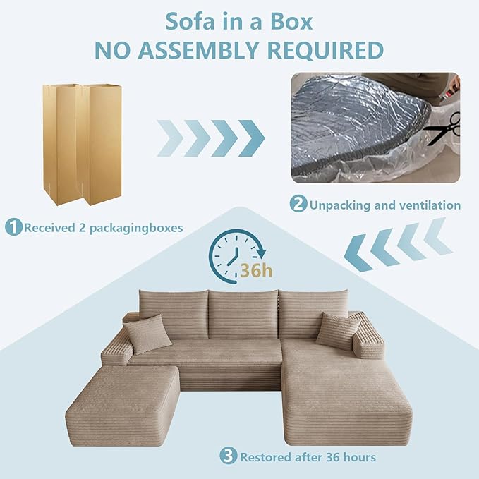 95" Cloud Sectional Couch with Ottoman,Modern U-Shaped Cloud Couch with Deep Seat,Comfy Corduroy 3-Seater Sofa,Memory Foam Sofa for Living Room,No Assembly (Camel,Right-Facing Chaise)