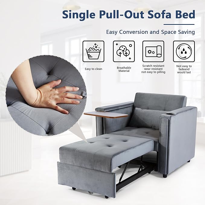 Velvet Convertible Chair Bed, 3 in 1 Multi-Functional Lounge Chair Sleeper, Pull Out Couch Guest Bed with Hidden Table and Adjustable Backrest for Living Room Small Space Apartment (Gray)