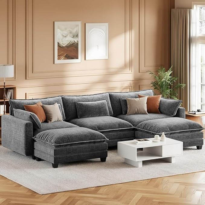 Pipishell Sectional Couches for Living Room, 110.6" U-Shaped Modular Sectional Sofa, 5-Seat Chenille Deep Seat Cloud Couch with 2 Movable Ottomans & Throw Pillows, Grey