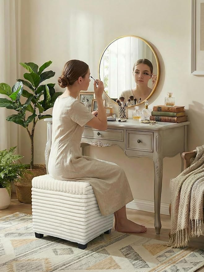 ABHENG 17.7 inches Faux Fur Ottomans Cube with Storage, Metal Framed Vanity Stool Chair Storage Ottoman Foot Rest Stool, Holds 770 LB for Dorm Living Room Bedroom White UASND644W