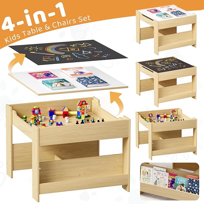 Arlopu Kids Table and Chairs Set, 4 in 1 Toddler Art Desk with Storage Drawer, Wooden Activity Deskboard, Blackboard, Reversible & Detachable Tabletop, Bookshelf for Drawing, Reading (Natural & White)
