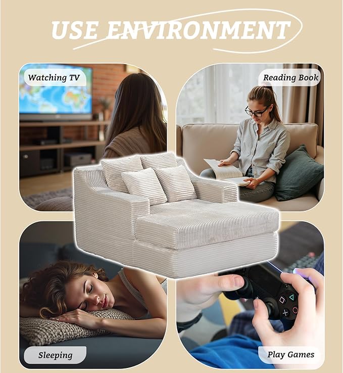 47" Boneless Chaise Lounge Chair Indoor,No Assembly Single Sleeper Upholstered Boneless Couch with 4 Pillows,Comfy Pet Friendly High Weight Capacity Foam for Bedroom,Living Room,Study Room,Beige