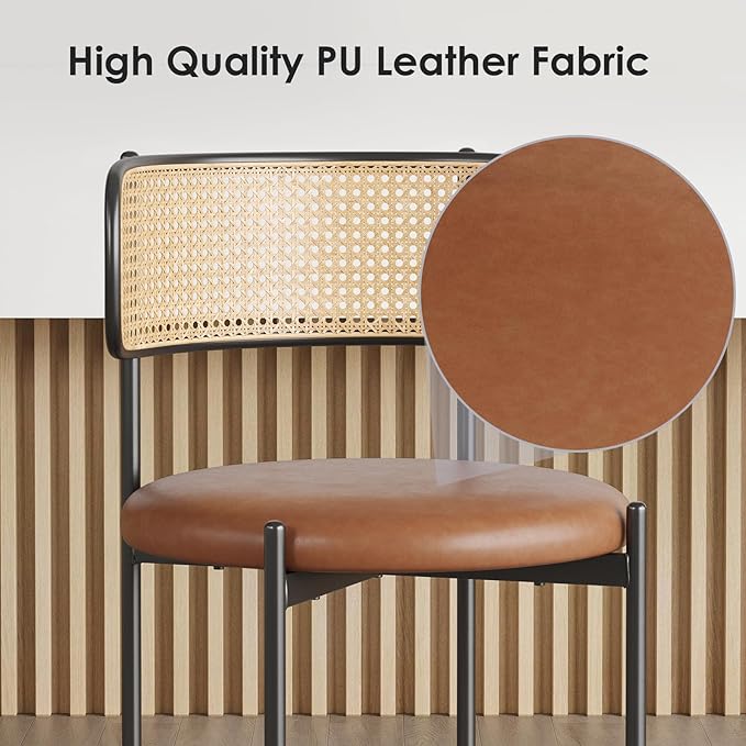 Farini Dining Chairs Set of 4, PU Leather Upholstered Seat with Woven Rattan Back, Sturdy Metal Legs Modern Side Chairs for Kitchen Living Room Restaurant, Brown