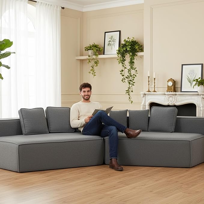 KEIKI 132" Teddy Fabric Oversized Modular Sofa Full Foam Support Soft Deep Seat Sectional Couch for Home Office Creative Studio Reading Lounge Long Sitting Comfort Modern Interior Style