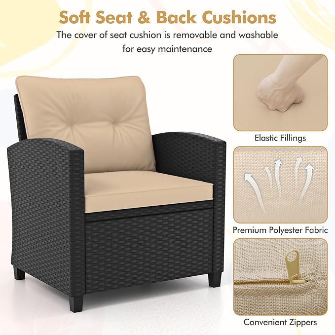 RELAX4LIFE 3-Piece Patio Furniture - Wicker Rattan Bistro Sofa Set w/Glass Top Coffee Table, Washable Cushions for Porch Balcony Backyard Poolside, Outdoor Conversation Set (Beige)