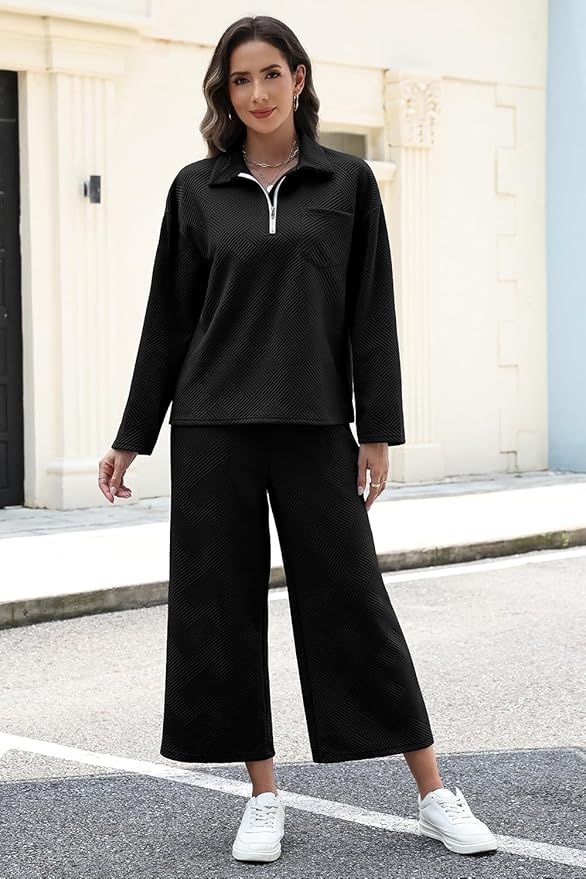 AGSEEM Lounge Sets for Women, Women's 2 Piece Outfits Long Sleeve 1/4 Zip Pullover Cropped Pants 2PC Outfit Comfy Sweatsuits