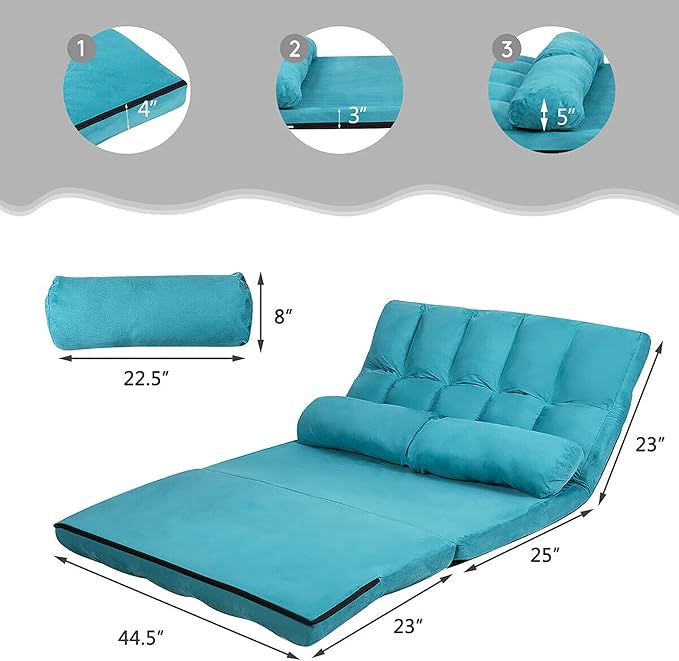DORTALA Foldable Floor Sofa, 6-Position Adjustable Lounge Couch with 2 Pillows & Suede Cloth Cover, Modern Lounge Mattress Video Gaming Lazy Couch, Suede Floor Seating Sofa, 71" x 44.5", Blue