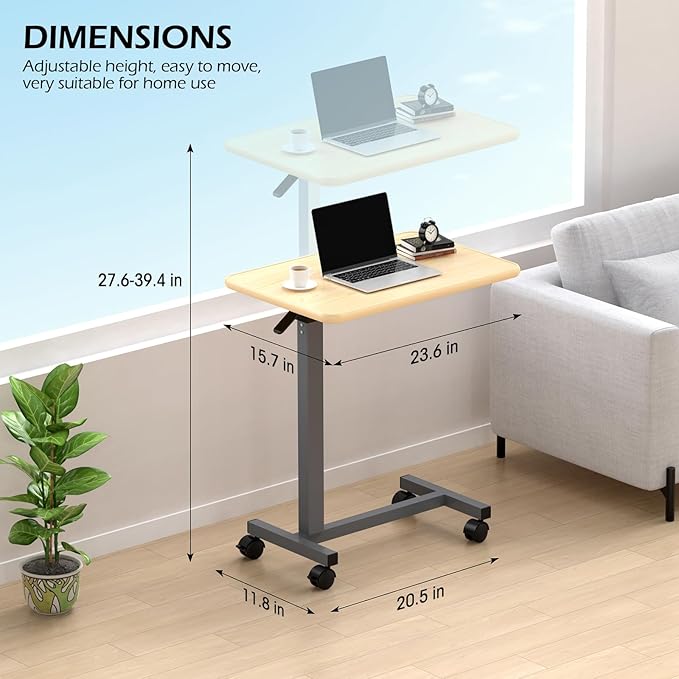 WOTURE Adjustable Overbed Table with Wheels, Bedside Rolling Table, Pneumatic Height Adjustment, Hospital Bed Table on Wheels, Standing Desk, Bedridden & Mobility Needs, Maple