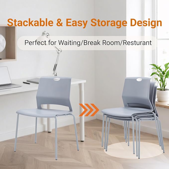 Sidanli Waiting Room Chairs Set of 4, Grey Stack Chairs with Back, Stacking Chairs with Metal Legs