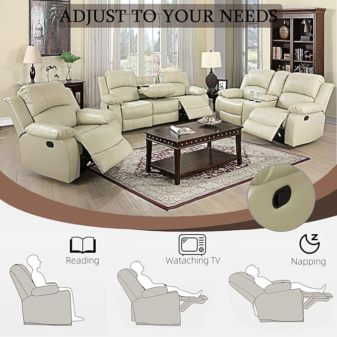 Caberryne Leather Recliner Sofa Set，Leather Reclining Couch for Living Room Furniture Sets，Beige Recliner Couch with 5 Recliners for Living Room/Office/Theater Seating(Sofa Set 3 Pieces)