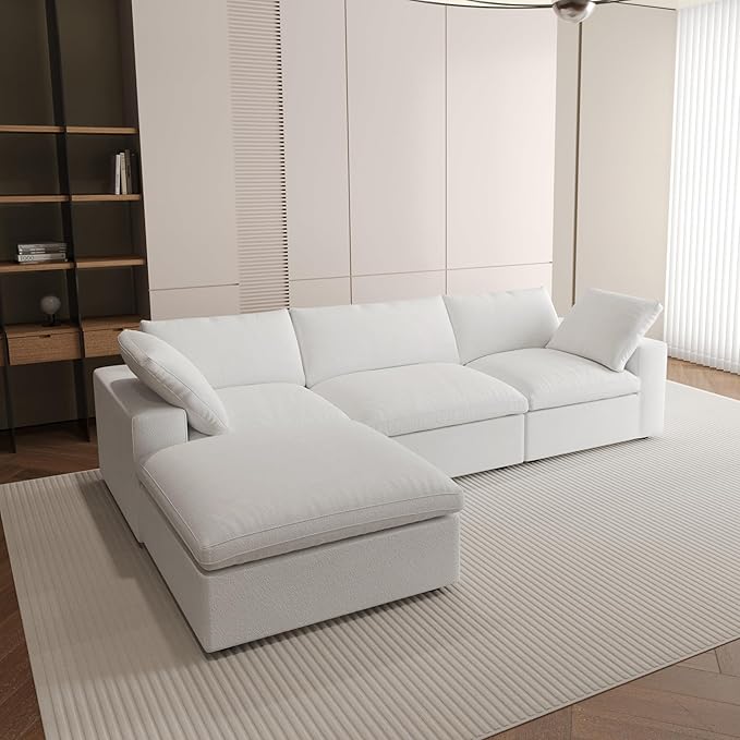 WJShome Modular Sectional Sofa,L Shaped Cloud Couch Sectional,120inch Deep Seat Couches, 3 Seater+ 1 Storage Ottoman for Living Room/Office (White, 4 Seater)