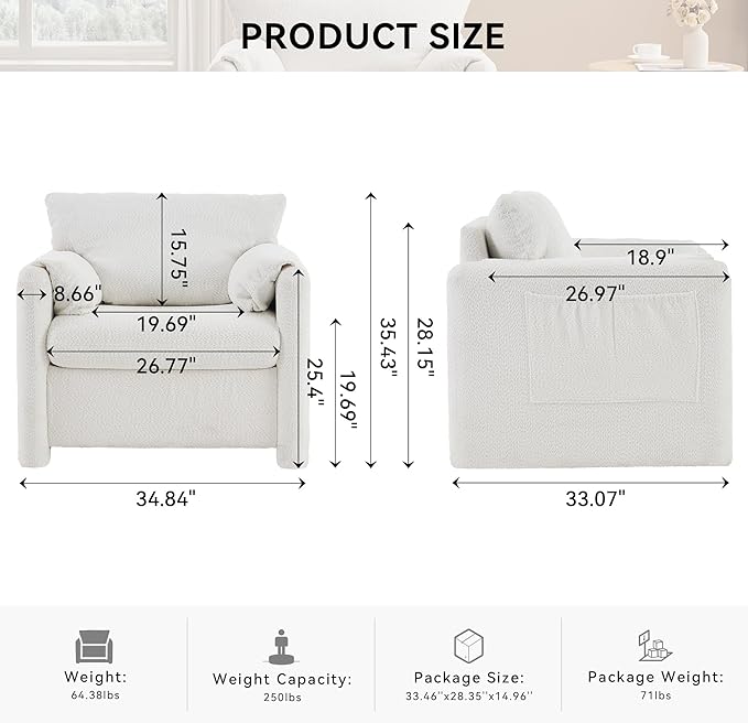Plush Chenille Accent Chair - Modern Single Seater with High-Resilience Cushion, Compact Reading Chair for Living Room, Bedroom, Dorm Room, Ivory White