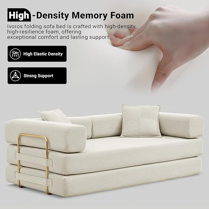 78" Convertible Sleeper Sofa Bed, Corduroy Folding Sofa Bed with Fixed-Shape Frame, Fold Out Floor Mattress Couch, Lazy Compression Sofas for Living Room, Bedroom, No Assembly Required, Beige