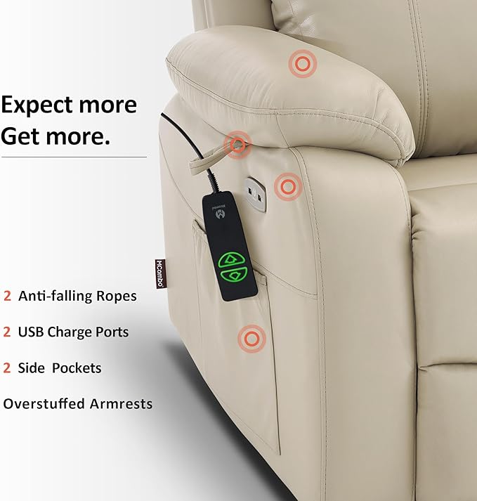 MCombo Small-Wide Power Lift Recliner Chair with Massage and Heat for Petite Elderly People, 3 Positions, 2 Side Pockets, USB Ports, Faux Leather R7410 (Beige, Small-Wide)