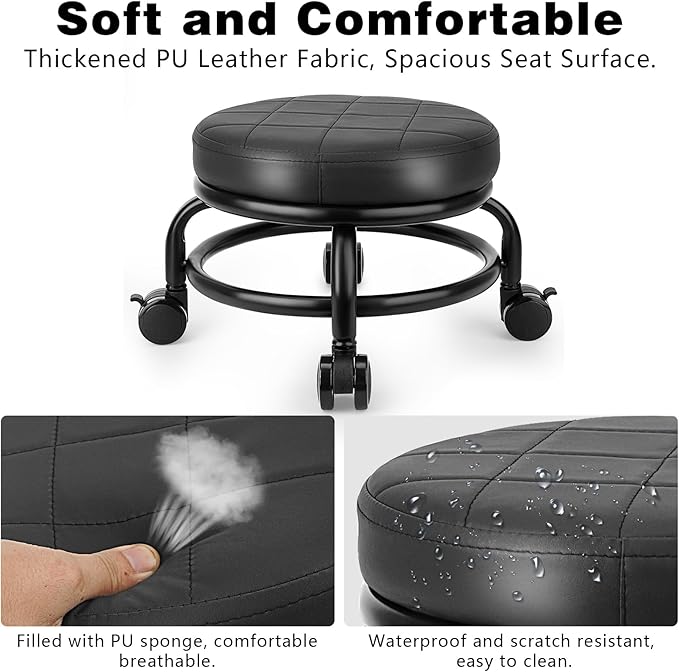 Low Roller Stool Low Height Rolling Stool Seat PU Leather Small Chair Foot Stool Round Rolling Stools for Home Office Garage Shop (Black)