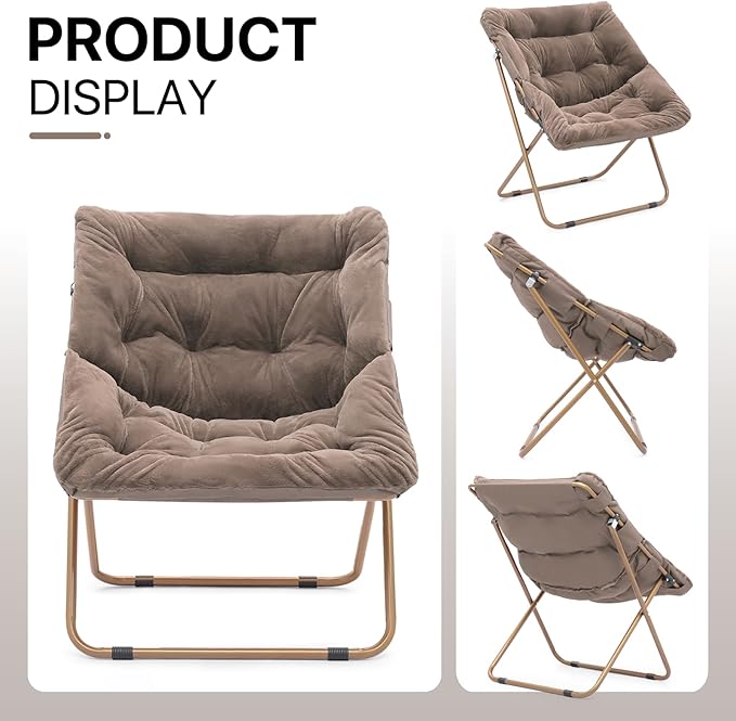 Athena Collection Saucer Chair for Adult, Square Comfy Cozy Chair Folding Chair Faux Fur Metal Frame Foldable Reading Chair Accent Chair for Bed Room Living Room, Brown