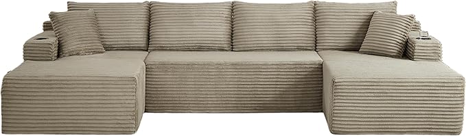134 Inch Modular Sectional Sleeper Sofa, Boneless Cloud Couch for Living Room, U Shaped 5 Seat Sofa with 2 Storage Pockets& 2 Cup Holders, Free Combination, No Assembly Required