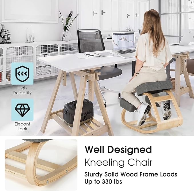 Giantex Kneeling Chair, Wood Posture Chair, Max Load 330 Lbs, Rocking Knee Chair with Soft Cushion, Natural Relief for Back, Shoulder or Neck Pain, Ergonomic Kneeling Chair for Office Home