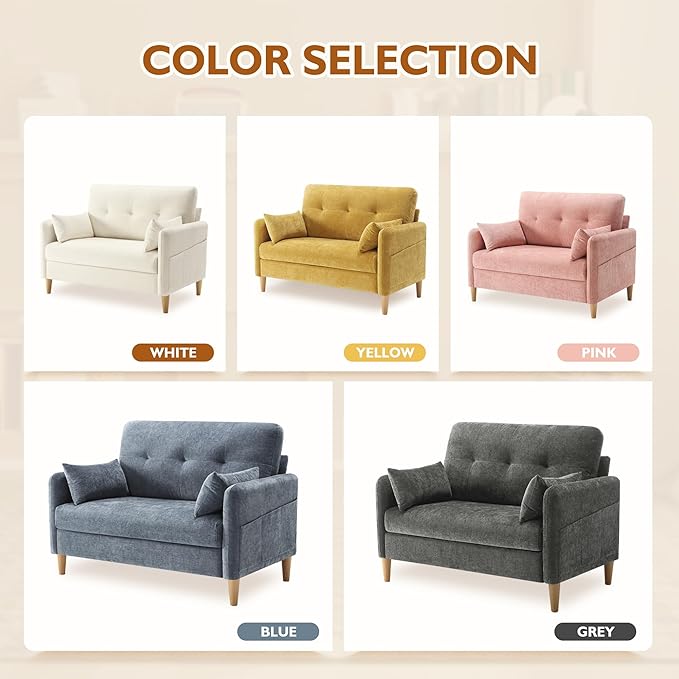 47" Small Sofa Couch for Bedroom, Soft Chenille loveseat Mini Couch with Throw Pillow and Removable Cushion Cover for Small Spaces, Living Room, Apartment, Dorm, Office(Yellow)