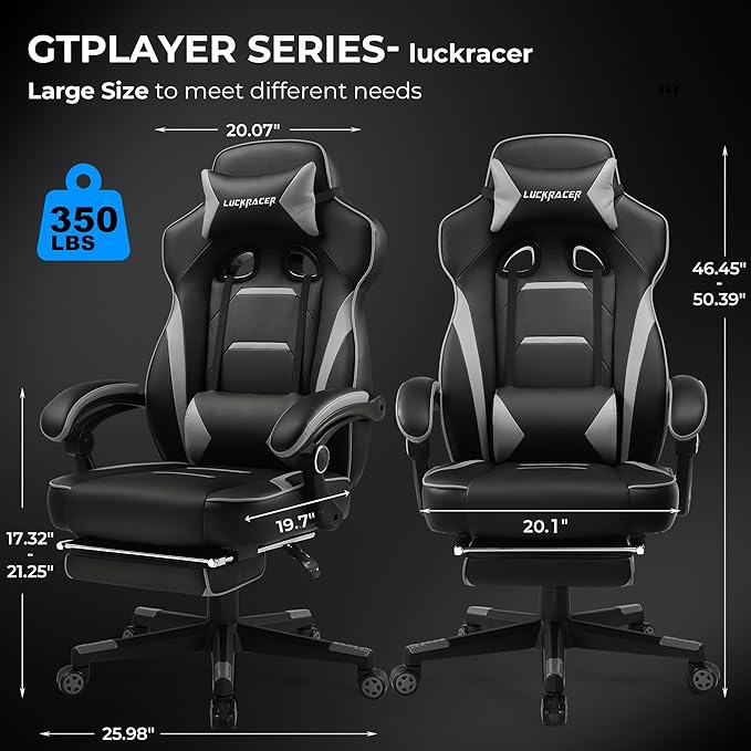 GTPLAYER Gaming Chair with Footrest, Big and Tall Game Chair 350lb Racing Style Computer Chair, Ergonomic Executive Office Chair High Back with Lumbar Support and Recliner, Light Gray