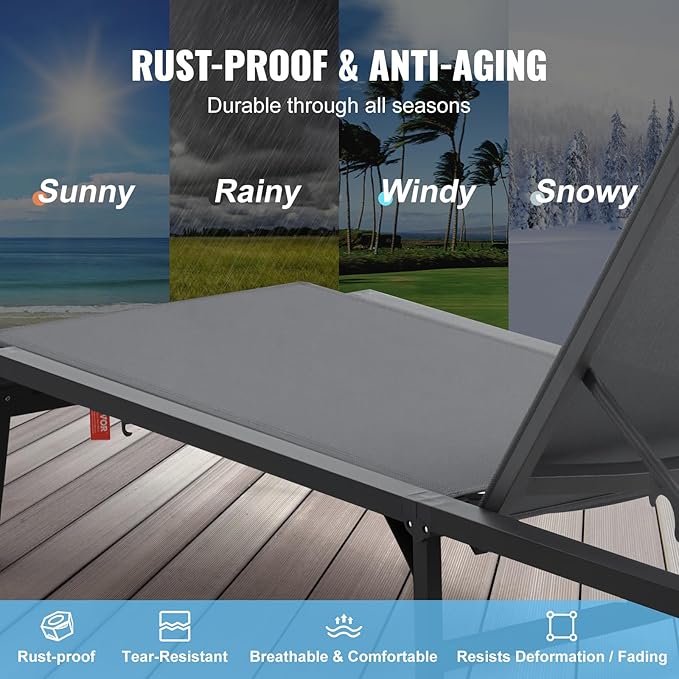 VEVOR 2 Pcs Chaise Lounge Chairs Outdoor, Aluminum Patio Lounge Chair with Adjustable 5-Position, Folding Pool Chairs Recliner and Full Flat Tanning Chair for Patio, Beach, Pool, Grey, 2 pcs