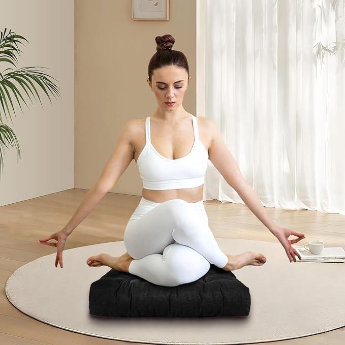 LYLNBYWK Meditation Floor Cushions Set of 2, Thickened Floor Pillow for Adults, Large Square Pillows Seat Cushion for Tatami Living Room Yoga, Memory Sponge Block Added, 22x22 Inch, Black