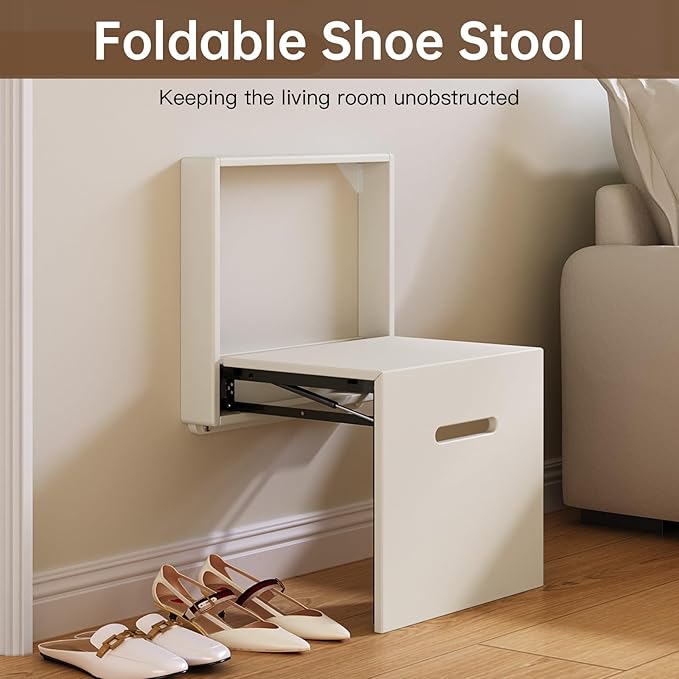 17.55“W Wall Mounted Folding Chair Solid Step Stools,Shoe Changing Stool,Door Shoe Footstool,Folding Hang Balcony Living Stool,Space Saving Hidden Wall Stools,Entryway Seat,Tea White
