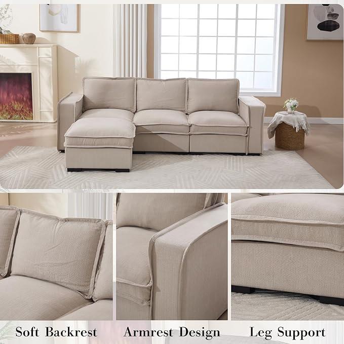 HEAY-YO 93 Inches Modern Modular Sectional Sofa,L Shape 3-Seater Comfy Couch with Moveable Ottoman,Floor Sofa for Living Room Bedroom Apartment,Linen Sand