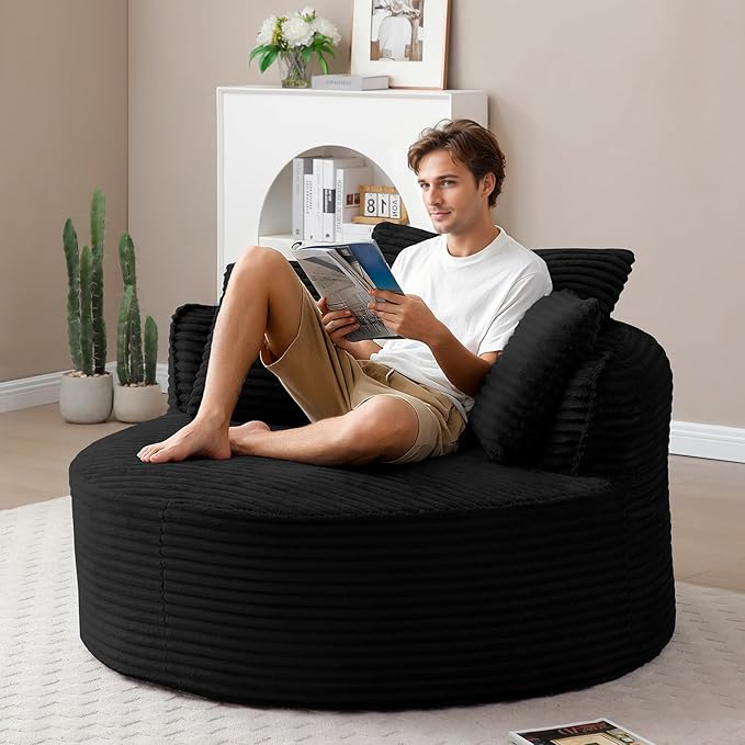 53"W Oversized Round Chaise Longue Chair Indoor,Corduroy Fluffy Comfy Cloud Chair,Circle Bean Bag Sofa with Foam Filling & Pillows,Boneless Reading Cozy Sofa Chairs for Living Room,Bedroom,Black