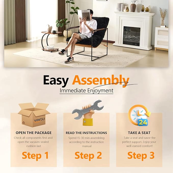 VINGLI 28" Wide Plush Upholstery Sling Modern Accent Chair with Metal Frame, Cute Reading Armchair with Removable Seat Cushion & Tan Microfiber Seat Base, Lazy Chair for Bedroom & Lounge,Black