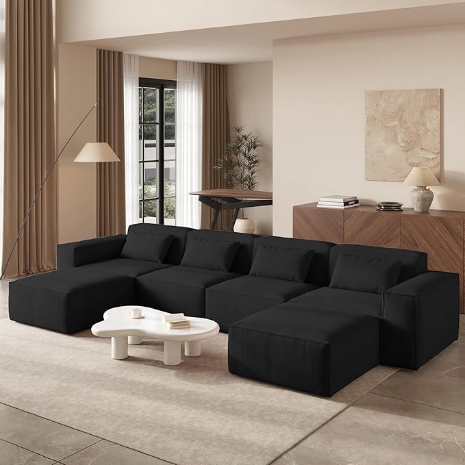 JACH U-Shaped Cloud Sectional Couch, 149" Huge Plus Modular Sofa, Modern Comfy Cloud Couches with Reversible Chaise Ottoman, Sofas Furniture for Living Room, Office, Apartment, Black