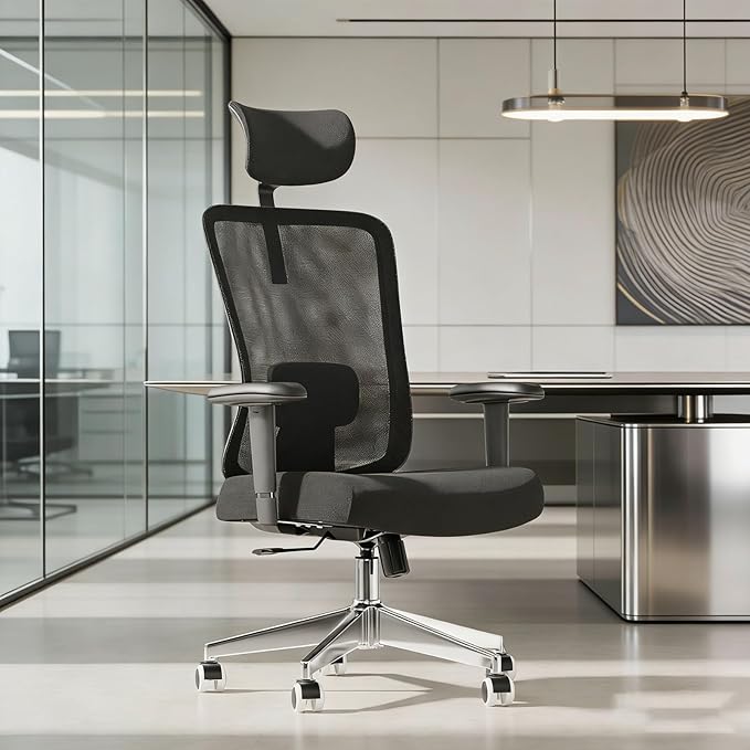 Monhey Office Chair Ergonomic Desk Chair with Lumbar Support&Headrest&Adjustable Arms&Height Rocking Swivel High Back Computer Chair Warm Taupe Mesh Study Chair (08All Black)