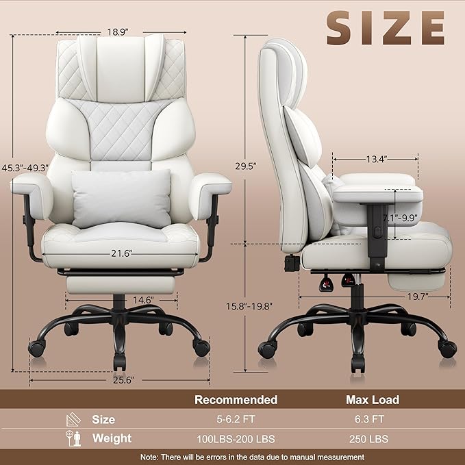 Vonesse Big and Tall Office Chair, Computer Chair with Soft Adjustable Armrests, Ergonomic Gaming Chair with Lumbar Support, Executive Chairs with Footrest (PU Leather + Mesh Fabric,Ivory White)