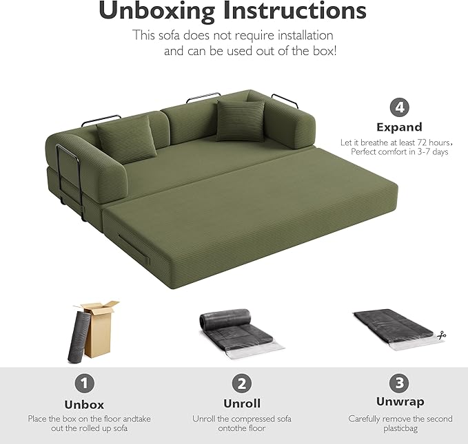79 Inch 5-in-1 Convertible Sofa Bed, Corduroy Boneless Floor Couch with Fixed Frame & Pillow, Modular Folding Mattress Lounger for Small Space, Living Room, Bedroom - Easy Assembly(LIGHT GREEN)