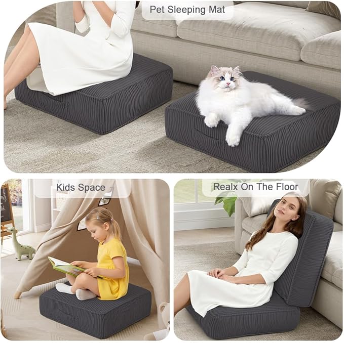 PRIMEPATIO Floor Pillow for Adults, 8" Square Floor Cushions with Washable Cover, Large Corduroy Meditation Pillow, 24 inches Tatami Seat with Handle for Living Room or Yoga, Dark Grey