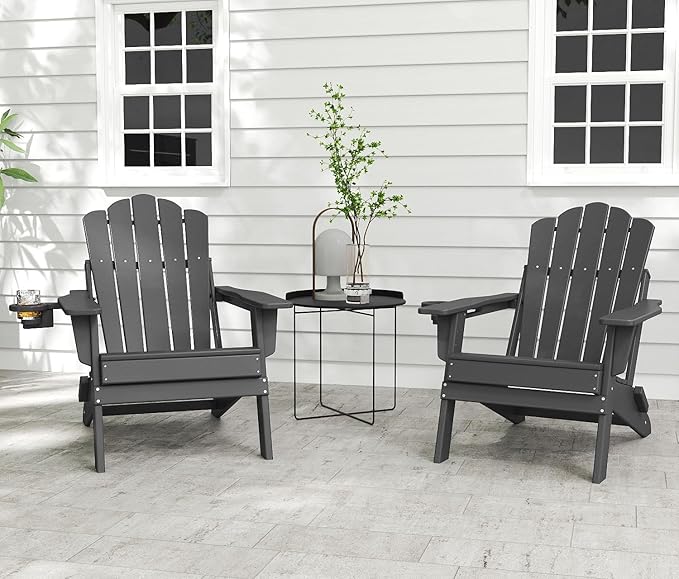 FOOWIN Adirondack Chair Set of 4, Folding Adirondack Chair with Cup Holder, HDPE All-Weather Fire Pit Chair for Patio, Garden, Backyard, Poolside, Grey